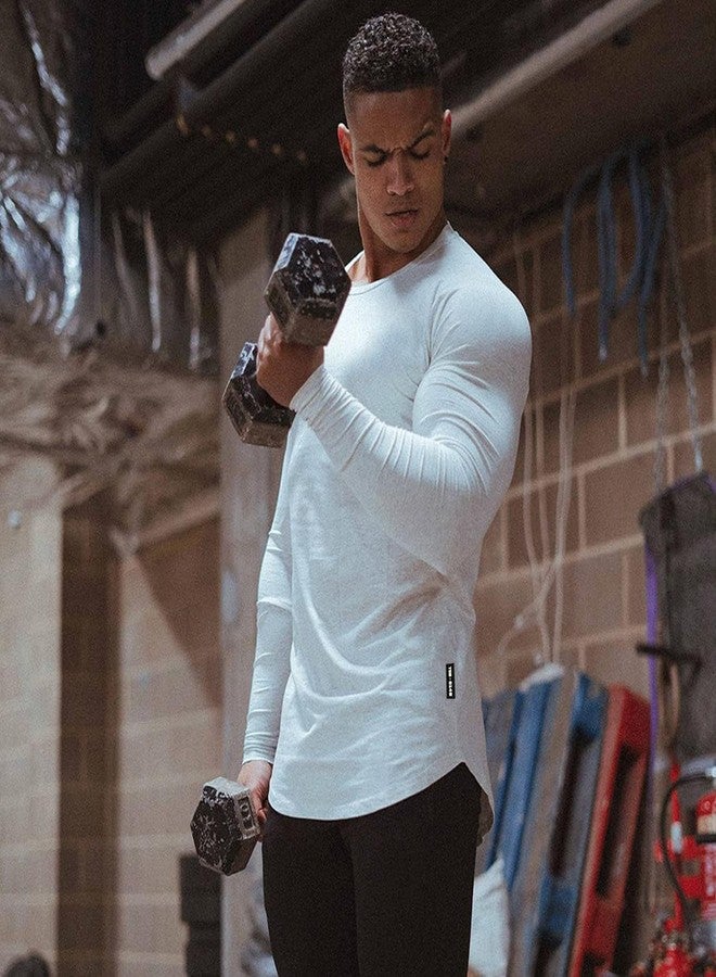 TEZO Mens Gym Workout Slim Fit Long Sleeve T-Shirt Cotton Performance Athletic Shirts Running Fitness Tee Loungewear(WT XL) White - Image 5